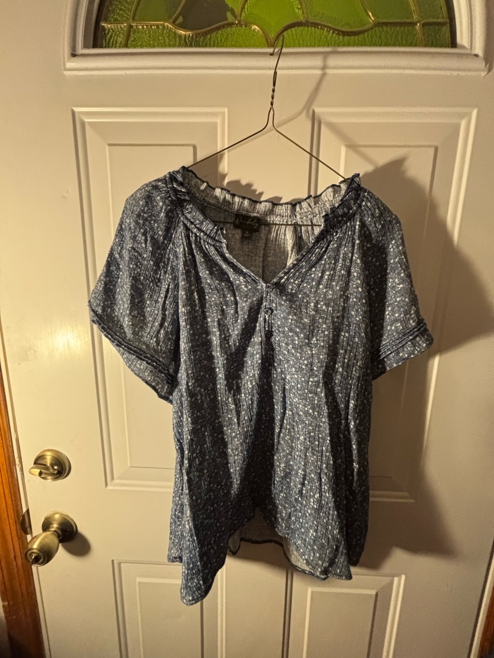 Women’s Blue Printed Short-Sleeve Peasant Top